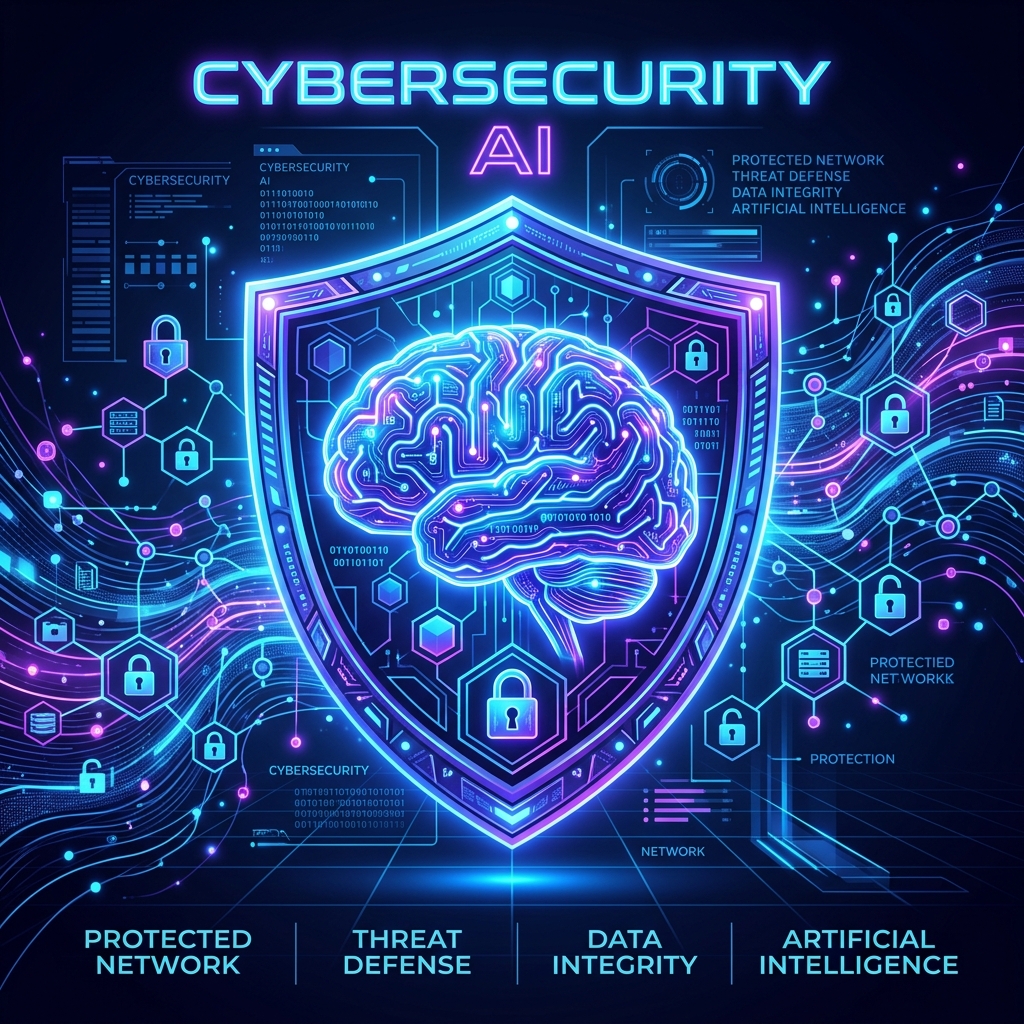 Digital brain with shield representing AI agent cybersecurity and threat defense.